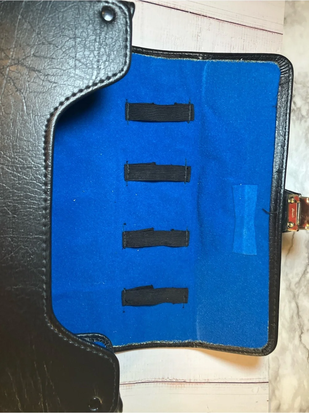 Vintage Amiet Camera Bag Faux Leather Crossbody Case Black Blue Interior